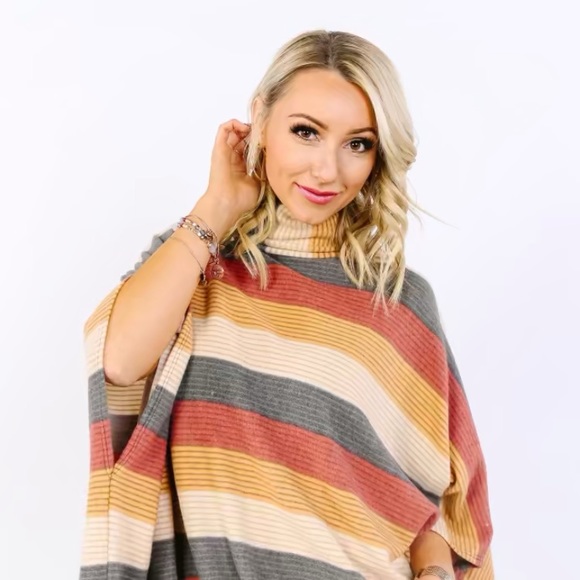 Cozy Stripe Cowl Neck Poncho - Picture 5 of 7